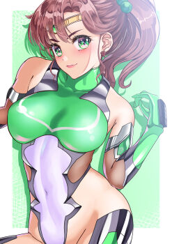 1girl absurdres arion_canvas bare_shoulders bishoujo_senshi_sailor_moon breasts brown_hair circlet covered_navel earrings elbow_gloves flower_earrings gem gloves green_eyes green_gemstone hair_bobbles hair_ornament highres jewelry kino_makoto large_breasts lips medium_hair ponytail sailor_jupiter sidelocks simple_background smile solo taimanin_suit white_background