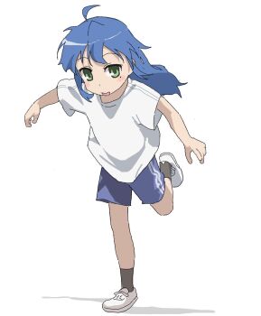 1girl ahoge blue_hair blue_shorts full_body green_eyes gym_shirt gym_shorts gym_uniform hashtag-only_commentary highres izumi_konata leaning_forward long_hair looking_at_viewer lucky_star mole mole_under_eye shirt shorts shuku_ida_matsuri solo t-shirt white_shirt