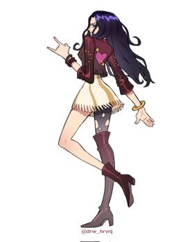 Rule 34 | 1girl, \n/, black hair, blue eyes, boots, bracelet, commentary, cropped jacket, dress, drw hrvnj, highres, jewelry, long hair, looking back, nico robin, one piece, one piece film: red, pantyhose, simple background, solo, striped clothes, striped dress, thigh boots, torn clothes, torn pantyhose, twitter username, vertical-striped clothes, vertical-striped dress, white background