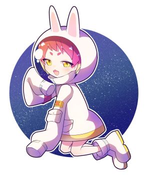 Rule 34 | 1girl, :3, alpha transparency, animal ear helmet, animal helmet, boots, commentary, fang, full body, helmet, highres, hikasa tomoshika, kneeling, looking at viewer, onpa (onpa sound), open mouth, outline, red hair, short hair, sleeves past fingers, sleeves past wrists, solo, space helmet, untranslatable commentary, virtual youtuber, voms, white boots, white outline, yellow eyes