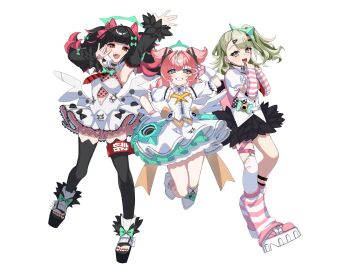 Rule 34 | 03x03, 3girls, angels of delusion, aqua streaks, aria (zenless zone zero), arm warmers, black hair, black skirt, black thighhighs, blue eyes, bow, center frills, clothing cutout, colored inner hair, commentary request, crossed bangs, dress, earrings, fingerless gloves, frills, fur-trimmed sleeves, fur trim, gloves, green bow, green eyes, green hair, green halo, hair between eyes, halo, highres, jewelry, jumping, leg warmers, looking at viewer, multicolored hair, multicolored leg warmers, multiple girls, multiple hair clips, multiple thigh straps, musical note earrings, nangong yu, navel cutout, necktie, open mouth, pink arm warmers, pink bag, pink gloves, pink hair, pink leg warmers, ponytail, red eyes, red necktie, shirt, short twintails, skirt, smile, streaked hair, striped arm warmers, striped leg warmers, sunna (zenless zone zero), thigh strap, thighhighs, twintails, v, v over eye, waving, white background, white dress, white shirt, white wings, wings, zenless zone zero