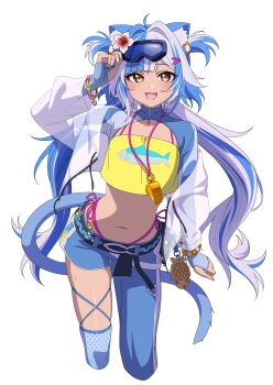 1girl :3 absurdres adjusting_eyewear animal_ears animal_print anime_coloring aoi_suzu arm_at_side arm_up asymmetrical_legwear bead_bracelet beads belt black_belt blue_gloves blue_hair blue_pants blue_shrug blue_tail blunt_bangs bracelet brown_eyes cat_ears cat_girl cat_tail chain chain_bracelet commission cowboy_shot crop_top cropped_jacket cropped_legs eyewear_on_head fang fingerless_gloves fish_print flower gloves hair_flower hair_intakes hair_ornament highres indie_virtual_youtuber jacket jewelry light_smile looking_at_viewer multicolored_hair navel open_mouth pants panty_straps print_shirt second-party_source see-through_clothes see-through_jacket shirt shrug_(clothing) side_part simple_background solo stomach tail thong twintails two-tone_hair two_side_up whistle whistle_around_neck white_background white_hair yellow_shirt zipper zipper_pull_tab