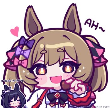 Rule 34 | 2girls, animal ears, aya chan1221, black bow, black hair, blush, blush stickers, bob cut, bow, brown eyes, brown hair, candy, chocolate, chocolate heart, closed eyes, closed mouth, commentary, eishin flash (umamusume), english commentary, food, frills, hair between eyes, hair bow, heart, heart-shaped food, holding, horse ears, horse girl, looking at viewer, multiple girls, multiple hair bows, open mouth, pink bow, purple bow, shirt, short hair, short sleeves, skirt, smart falcon (love 4ever) (umamusume), smart falcon (umamusume), smile, suspender skirt, suspenders, twintails, umamusume, white shirt, wrist cuffs