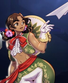 Rule 34 | 1girl, brown eyes, brown hair, crop top, cropped, cropped jacket, dark-skinned female, dark skin, flat chest, flower, gloves, hair flower, hair ornament, lily hawk, lips, mesiasart, pants, paper airplane, sleeveless, street fighter, street fighter 6, wide hips