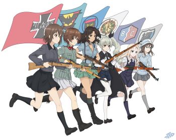 6+girls anchovy_(girls_und_panzer) anzio_(emblem) anzio_school_uniform aoshidan_(emblem) aoshidan_school_uniform bc_freedom_(emblem) bc_freedom_school_uniform black_cape black_hair black_necktie black_shirt black_shoes black_skirt black_socks black_sweater blonde_hair blue_eyes blue_hat blue_shirt brown_hair cape character_request commentary count_(emblem) count_military_uniform dark-skinned_female dark_skin dress el_(girls_und_panzer) emblem english_commentary flag full_body girls_und_panzer grey_hair grey_shirt grey_skirt grey_socks gun hat highres holding holding_flag holding_gun holding_weapon keizoku_(emblem) keizoku_school_uniform kohiyama_noemi kuromorimine_(emblem) kuromorimine_school_uniform long_hair long_sleeves marie_(girls_und_panzer) mika_(girls_und_panzer) multiple_girls necktie nishizumi_maho pantyhose pinafore_dress red_eyes rifle running school_uniform shirt shoes short_hair simple_background skirt sleeveless sleeveless_dress socks standing sweater thedaniilfox tulip_hat walking weapon weapon_request white_background white_pantyhose white_skirt