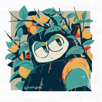 1boy border commentary_request food fruit grey_background lemon limited_palette male_focus mega_man_(classic) mega_man_(series) mega_man_2 popopoyata robot solo tree twitter_username upper_body white_border wood_man