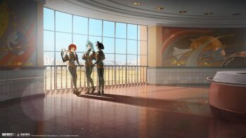 3girls :d absurdres ankle_boots black_boots black_hair blue_eyes blue_hair blue_sky bodysuit boots brown_jacket copyright_name copyright_notice day earphones grass green_bodysuit hair_intakes highres indoors jacket logo long_hair mountainous_horizon multiple_girls mural neckerchief official_art official_wallpaper open_mouth orange_eyes orange_neckerchief railing red_hair shadow short_hair shuguang_(xinyue_tongxing) sky smile standing very_long_hair wide_shot window xinyue_tongxing