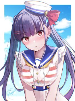 1girl blue_hair breasts commentary_request dress hair_ornament hat heaven_burns_red highres medium_breasts red_eyes rrtp sailor_collar sailor_dress sailor_hat satsuki_mari see-through_clothes see-through_shirt shirt twintails