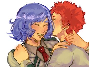 Rule 34 | 2girls, blue hair, blush, boku no hero academia, closed eyes, commentary, ear piercing, english commentary, hado nejire, hand on another's shoulder, haya yuuyu, highres, hug, multiple girls, nail polish, nnjl00, piercing, red hair, school uniform, short hair, smile, tears, teeth, u.a. school uniform, upper teeth only, yuri