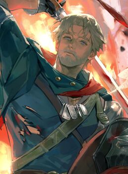 1boy arm_up belt black_shirt blue_eyes cropped dog_tags fire gauntlets hand_up highres holding holding_sword holding_weapon hydrogen_fish igor_(reverse:1999) looking_at_viewer male_focus mature_male old old_man reverse:1999 sam_browne_belt shirt short_hair solo sword torn_clothes torn_shirt upper_body weapon white_beard white_hair