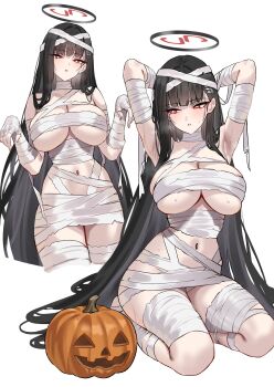 1girl absurdres bandage_on_hair bandaged_chest bandaged_head bandaged_torso bandages black_hair blue_archive blush breasts bright_pupils hair_ornament hairclip halloween halloween_costume halo highres large_breasts long_hair looking_at_viewer millennium_science_school_logo mummy_costume naked_bandage red_eyes rio_(blue_archive) shigure_s solo very_long_hair white_pupils