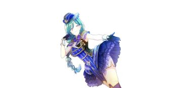 1girl black_gloves black_vest blue_boots blue_dress blue_hat blue_skirt boots bow bowtie braid breasts cleavage closed_eyes closed_mouth dress dutch_angle epaulettes facing_viewer game_cg gloves hand_up hat highres idol idol_clothes lapis_re:lights large_breasts layered_skirt long_braid millefeuille_(lapis_re:lights) official_art outstretched_arm purple_bow purple_bowtie shorts shorts_under_skirt side_slit simple_background single_braid skirt smile solo thigh_boots third-party_source transparent_background vest white_shorts