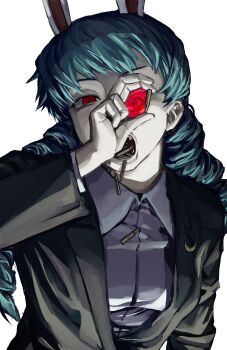 Rule 34 | 1girl, ammunition, animal ears, black jacket, collared shirt, drill hair, fang, highres, holding, jacket, long hair, mouth hold, portal (object), pugnole, purple hair, rabbit ears, rabbit girl, red eyes, rifle cartridge, seiran (touhou), shirt, solo, touhou, white shirt