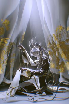 1boy absurdres antlers arknights asymmetrical_sleeves black_boots black_robe blonde_hair blue_hair boots brown_hair chinese_clothes closed_mouth colored_extremities commentary cross-laced_clothes cross-laced_sleeves curtains dragon_boy dragon_horns dragon_tail earrings eastern_dragon_tail embroidery embroidery_hoop expressionless fabric fan_mu_zhang from_side full_body hair_bun hair_ornament hair_stick half_updo hand_up hashtag-only_commentary highres holding_sewing_needle horns jewelry ji_(arknights) long_hair long_sleeves looking_at_object male_focus mismatched_sleeves multicolored_hair on_floor parted_bangs pointy_ears robe see-through_curtains seiza sewing sidelighting single_hair_bun single_sidelock sitting solo streaked_hair tail