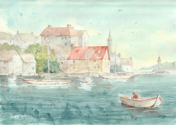 1other ambiguous_gender boat building commentary_request day lighthouse ocean original outdoors painting_(medium) paruperu sailboat scenery simple_bird tower town traditional_media watercolor_(medium) watercraft wide_shot