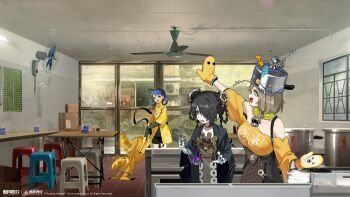 3girls :d absurdres ahoge annoyed arm_up bare_shoulders black_hair black_shorts black_skirt blue_hair braid braided_hair_rings breasts brown_hair buzhichun_(xinyue_tongxing) cafe cauldron ceiling_fan closed_umbrella coat copyright_name copyright_notice counter double_bun dress electric_fan ganlin_(xinyue_tongxing) glass_door green_coat green_eyes green_jacket grey_dress hair_bun hair_over_one_eye hair_rings highres holding holding_ladle indoors jacket ladle large_breasts logo looking_at_viewer looking_to_the_side low_twin_braids menu_board mittens multiple_girls off_shoulder official_art official_wallpaper one_eye_closed open_mouth pot_on_head profile raincoat scenery shirt short_hair short_sleeves shorts skirt smile soup_ladle stool table tile_floor tiles track_jacket twin_braids umbrella v-shaped_eyebrows window xinyue_tongxing xufei_(xinyue_tongxing) yellow_eyes yellow_mittens yellow_raincoat yellow_shirt yellow_umbrella