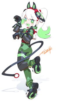 1girl absurdres cheri_zao claw_pose commentary full_body green_eyes green_hair green_skirt green_vest high_ponytail highres long_hair midoriko_(cheri_zao) multicolored_hair open_mouth original ponytail robot_girl simple_background skirt solo standing standing_on_one_leg symbol-only_commentary two-tone_hair vest white_background white_hair