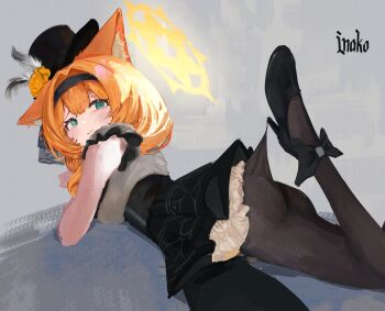 1girl 2025 absurdres animal_ear_fluff artist_name ass black_bow black_shoes black_thighhighs blue_archive blue_eyes blush bow breasts highres inakanonn long_hair looking_at_viewer looking_back lying mari_(blue_archive) medium_breasts on_stomach orange_hair shoes thighhighs thighs