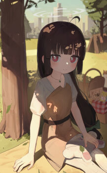 1girl absurdres ahoge alternate_costume black_hair blue_archive blunt_bangs blush bow bright_pupils brown_dress closed_mouth commentary cropped_legs dappled_sunlight day dress grass green_bow grey_halo hair_bow halo highres jewelry leaf long_hair looking_at_viewer miyu_(blue_archive) necklace nyune outdoors pantyhose picnic picnic_basket picnic_blanket puffy_short_sleeves puffy_sleeves red_eyes shirt short_dress short_sleeves sitting smile solo sunlight tent tree white_pantyhose white_pupils white_shirt