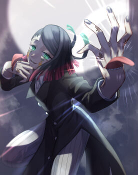 Rule 34 | 1boy, absurdres, asymmetrical bangs, black jacket, buttons, colored tips, commentary request, cowboy shot, demon boy, enmu (kimetsu no yaiba), facial mark, finger tattoo, floating hair, green eyes, grey background, grey pants, hand tattoo, hand to own mouth, hands up, highres, incoming attack, jacket, kanji tattoo, kimetsu no yaiba, light particles, long sleeves, looking at viewer, male focus, medium hair, misplaced mouth, multicolored hair, open mouth, pants, pinstripe pants, pinstripe pattern, purple nails, smile, solo, standing, standing on one leg, steam, suit jacket, symbol-shaped pupils, tattoo, tawashitagaki, tears facial mark, teeth, tongue, tongue out, trap, undershirt