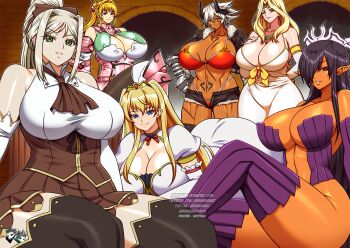 6+girls armor bare_shoulders black_hair blonde_hair blue_eyes braid breasts buta_hime-sama buta_no_gotoki_sanzoku_ni_torawarete_shojo_o_ubawareru_kyonyuu_himekishi_&amp;_onna_senshi:_zettai_chinpo_nanka_ni_maketari_shinai!!_the_animation buta_no_gotoki_sanzoku_ni_torawarete_shojo_wo_ubawareru_kyonyuu_himekishi_&amp;_onna_sensh butahimesama cleavage cutoffs dark-skinned_female dark_elf dark_skin denim denim_shorts detached_sleeves dutch_angle earrings elf flexing gloves greaves green_eyes grey_hair hair_over_one_eye hair_ribbon helga_(buta_no_gotoki) henrietta_knight hetero high_ponytail himekishi_lilia horns huge_breasts inda_no_himekishi_janne irena_(buta_hime-sama) jacket jadenkaiba jeanne_grenoble jewelry kuroinu_~kedakaki_seijo_wa_hakudaku_ni_somaru~ large_breasts leather leather_jacket lilia_eberwein long_hair looking_at_viewer multiple_earrings multiple_girls muscular muscular_female navel nippleless_clothes nipples olga_discordia open_mouth pointy_ears ponytail princess purple_sleeves purple_thighhighs queen red_eyes revealing_clothes ribbon scar short_hair shorts sidelocks sitting smile stepped_on tattoo thighhighs very_long_hair warrior_helga white_hair yellow_eyes