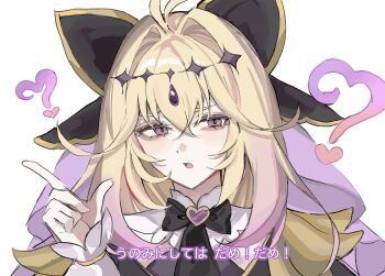 Rule 34 | 1girl, ?, absurdres, antenna hair, brooch, commentary request, cure arcana shadow, eyelashes, eyeshadow, hair intakes, heart, heart brooch, highres, hoooooon1099, jewelry, l hand, lyrics, makeup, meitantei precure!, moria luluka, open mouth, partial commentary, portrait, precure, simple background