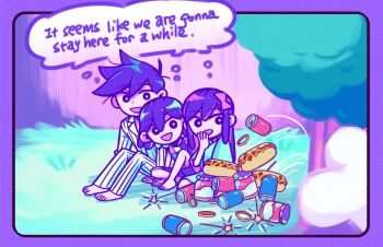 1girl 2boys aubrey_(headspace)_(omori) aubrey_(omori) barefoot blue_shirt bow bright_pupils brothers can colored_skin covering_own_mouth hair_bow hand_over_own_mouth hero_(headspace)_(omori) hero_(omori) jar kel_(headspace)_(omori) kel_(omori) knees_up laser-lance long_hair long_sleeves multiple_boys omori open_mouth outdoors pajamas pants pink_bow purple_eyes purple_hair purple_shorts shared_thought_bubble shirt short_sleeves shorts siblings sidelocks sitting smile speech_bubble striped_clothes striped_pajamas striped_pants tank_top thought_bubble tree vertical-striped_clothes vertical-striped_pajamas vertical-striped_pants white_pupils white_skin