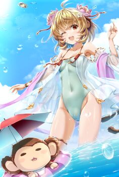 1girl absurdres andira_(granblue_fantasy) andira_(summer)_(granblue_fantasy) animal_ears blonde_hair blue_sky breasts cameltoe casual_one-piece_swimsuit cloud commentary_request covered_navel day double_bun granblue_fantasy green_one-piece_swimsuit hair_bun highres kamishiro_mai_(capti-no) monkey monkey_ears monkey_girl monkey_tail one-piece_swimsuit one_eye_closed outdoors red_eyes short_hair sky small_breasts soaking_feet swimsuit tail umbrella wading water