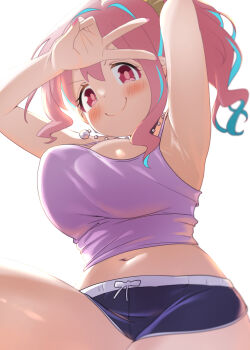 1girl absurdres black_shorts blue_hair blush breasts cleavage closed_mouth commentary_request highres hozuki_kaede large_breasts long_hair looking_at_viewer midriff multicolored_hair navel onii-chan_wa_oshimai! pink_eyes pink_hair pink_nails shiina_excel shorts side_ponytail simple_background smile solo stomach thighs two-tone_hair v white_background