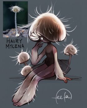 Rule 34 | 1girl, arm hair, ballet dress, dark-skinned female, dark skin, english text, feefal, funguary, highres, leg hair, leotard, monster girl, mushroom, mushroom girl, mushroom hat, object and personification, original, personification, photo inset, reference inset, see-through clothes, see-through skirt, signature, simple background, sitting, skirt, solo