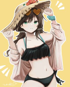 1girl aqua_scrunchie bikini black_bikini breasts cleavage commentary_request commission cowboy_shot double-parted_bangs eyewear_on_head green_eyes hands_up hat heart heart-shaped_eyewear highres long_sleeves looking_at_viewer navel nena_labo open_clothes open_shirt orange-tinted_eyewear original outline parted_lips pink_shirt scrunchie shirt simple_background skeb_commission solo stomach straw_hat sweat swimsuit tinted_eyewear white_outline wrist_scrunchie yellow_background