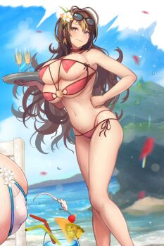 1girl ai_gon_deroga alcohol bare_arms bare_hips bare_legs bare_shoulders beach bikini blonde_hair blush breasts brown_hair champagne champagne_flute choker cleavage covered_erect_nipples cropped cup day drinking_glass extra_breasts eyewear_on_head falling_petals flower grin hair_flower hair_ornament hand_on_own_hip highres holding holding_tray huge_breasts kansen_x_shoujo knees long_hair looking_at_viewer looking_to_the_side mole mole_on_breast multicolored_hair navel o-ring o-ring_bikini ocean official_art petals red_bikini red_choker resized senzaki_yukiko sky smile solo standing sunglasses swimsuit thighs tray tropical_drink upscaled very_long_hair wet yellow_eyes