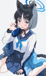 Rule 34 | 1girl, animal ear fluff, animal ears, barefoot, black eyes, black hair, black sailor collar, black skirt, blue archive, blue halo, blue neckerchief, blush, cat ears, cat tail, halo, haori, highres, japanese clothes, kikyou (blue archive), kubong, long sleeves, looking at viewer, multiple tails, neckerchief, open mouth, pleated skirt, sailor collar, school uniform, serafuku, short hair, simple background, sitting, skirt, solo, tail, toes, two tails, wariza, white background