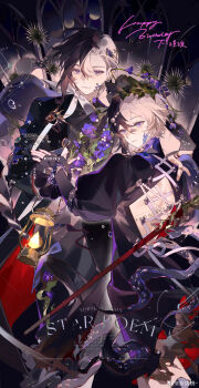 2boys absurdres black_hair blue_eyes braid flower highres holding lamblab0824 looking_at_viewer male_focus multicolored_hair multiple_boys original purple_eyes purple_flower sensitive short_hair sword two-tone_hair weapon white_hair