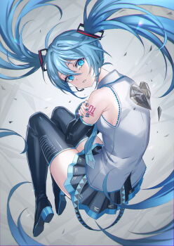 Rule 34 | 1girl, absurdly long hair, bare shoulders, belt, black boots, black skirt, black sleeves, blue belt, blue eyes, blue hair, blue nails, blue necktie, blue trim, boots, collared shirt, crying, crying with eyes open, detached sleeves, fingernails, full body, hair between eyes, hatsune miku, headset, heart, highres, inue ao, long hair, looking at viewer, loose belt, miniskirt, nail polish, necktie, number tattoo, shirt, shoulder tattoo, skirt, sleeveless, sleeveless shirt, tattoo, tears, thigh boots, twintails, unknown mother goose (vocaloid), very long hair, vocaloid, white shirt