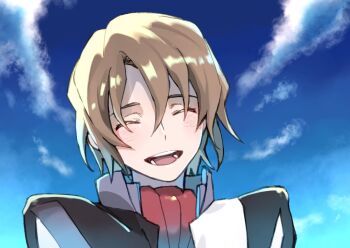 1boy alvis_uniform ascot blue_sky brown_hair closed_eyes cloud commentary facing_viewer hair_between_eyes happy kurusu_misao male_focus michi_naka open_mouth red_ascot short_hair sky smile solo soukyuu_no_fafner upper_body