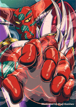absurdres arm_blade armor colored_sclera commentary_request face_bokoboko getter_robo hand_up highres looking_at_viewer mecha mecha_focus multicolored_armor red_armor robot shin_getter-1 shin_getter_robo solo steam super_robot weapon white_armor yellow_sclera