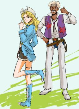 Rule 34 | 1boy, 1girl, absurdres, blonde hair, cowboy bebop, cowboy hat, dark-skinned male, dark skin, facial hair, hat, highres, judy (cowboy bebop), mustache, punch (cowboy bebop), smile, tobalin