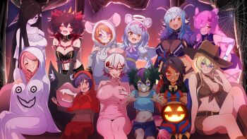 6+girls absurdres angel_wings animal_ear_hood animal_ears aqua_hair artist_request azura_dulait bear_ears bear_girl belt black_belt black_hair black_horns blood blood_from_mouth blue_shirt bow bowtie braid breasts brown_eyes brown_hair brown_hat brown_shorts ceru_foxhound cleavage closed_eyes closed_mouth collarbone cosplay dress fake_animal_ears goat_ears goat_horns green_hair hair_ornament hair_over_one_eye hair_ribbon halloween halo hand_on_own_chest hat highres holding hood horizontal_pupils horns icey_snowpaws immy_bisou jack-o&#039;-lantern jester jester_cap long_sleeves long_tongue makeup mara_vespidae mercy_modiste midriff monster_girl multicolored_hair multiple_girls name_tag navel nurse nurse_cap open_mouth paw-shaped_pupils phyla_einrose pink_hair pink_ribbon pom_pom_(clothes) purple_eyes purple_hair quetzu_solscale rabbit_hair_ornament red_eyes red_hair ribbon runny_makeup see-through_cleavage see-through_clothes sharp_teeth sheet_ghost shibi_cottonbum shirt shorts silk sinthya_sanguine sitting slime_girl slime_hair smile spider_web streaked_hair stronny_cuttles symbol-shaped_pupils tan teeth tied_shirt tongue torn_clothes torn_shirt vallure virtual_youtuber white_dress white_hair white_wings willo_wildfire wings yamamura_sadako yamamura_sadako_(cosplay) yellow_bow yellow_bowtie zombie