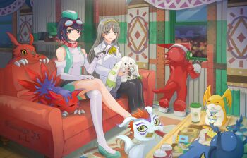2girls absurdres bare_shoulders bat_(animal) black_eyes black_hair black_pantyhose breasts cellphone closed_eyes coach commentary crossed_legs digimon digimon_(creature) digimon_story:_time_stranger dragon dress elecmon english_commentary flip_phone fuura gomamon green_dress green_eyes grey_eyes grey_hair grey_shirt grey_skirt group_picture guilmon highres holding holding_phone indoors minase_inori miniskirt multiple_girls pantyhose patamon phone picodevimon pleated_skirt seal_(animal) shirt short_dress shoutmon sitting skirt terriermon terriermon_joshu thighhighs twitter_username two-tone_dress white_dress white_thighhighs yuuki_kanan