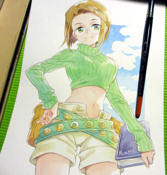 1girl agahari art_brush art_tools_in_frame belt belt_pouch blue_sky bob_cut book breasts brown_hair brown_shorts closed_mouth cloud commentary_request cowboy_shot cropped_sweater glasses green_belt green_eyes green_sweater hand_on_own_hip holding holding_book long_sleeves looking_at_viewer medium_breasts midriff mimoza_lorange navel open_fly paintbrush painting_(medium) photo_(medium) pouch ribbed_sweater rimless_eyewear short_hair shorts sky sleeves_past_wrists smile solo standing summon_night summon_night_2 sweater traditional_media turtleneck turtleneck_sweater