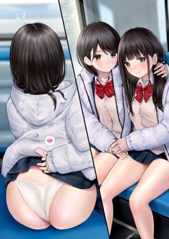 2girls ass black_skirt blush breasts bus_interior clothes_lift green_eyes highres jacket long_hair looking_at_viewer medium_breasts medium_hair multiple_girls multiple_views original panties plaid_clothes school_uniform sitting skirt skirt_lift small_breasts smile takapin thighs underwear vest white_jacket white_panties white_vest yuri