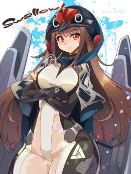 Rule 34 | 1girl, animal helmet, black helmet, black sleeves, blush, bodysuit, breasts, brown hair, crossed arms, english text, groin, hair intakes, headgear, helmet, highres, jetpack, last origin, light particles, long hair, looking at viewer, medium breasts, pixiv id, red eyes, see-through bodysuit, see-through clothes, signature, skin tight, sleipnir (last origin), smile, solo, splatter background, thrusters, tongue, twitter username, umigarasu (kitsune1963), very long hair, wide hips