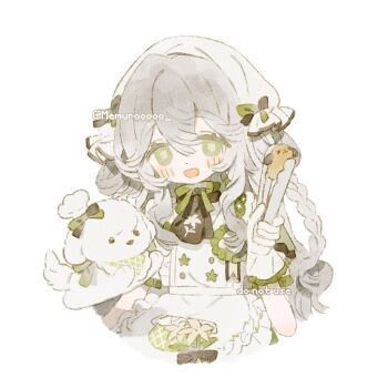 1girl :d apron bow braid chef_hat dog dress food frills gloves grey_hair hair_between_eyes hair_ornament hat long_hair memuro open_mouth original simple_background smile solo twitter_username upper_body whisk white_background white_gloves