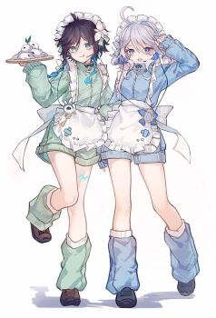 1boy 1girl :d :q absurdres ahe63011 ahoge androgynous apron aqua_eyes back_bow black_hair blue_bow blue_eyes blue_hair blue_leg_warmers blue_nails blue_ribbon blue_shoes blue_shorts bow braid brown_shoes chinese_commentary closed_mouth commentary_request crossdressing crossdressing_(mtf) drop-shaped_pupils earphones eyelashes fingernails flower food food_request frilled_apron frills furina_(genshin_impact) genshin_impact gradient_hair green_bow green_jacket green_leg_warmers green_ribbon green_shorts hair_between_eyes hair_flower hair_ornament hair_ribbon hand_up heterochromia highres holding holding_tray jacket jersey_maid leg_tattoo leg_up leg_warmers locked_arms long_sleeves looking_at_viewer maid maid_apron maid_headdress medium_hair microphone mismatched_pupils multicolored_hair nail_polish open_mouth ribbon shoes short_hair short_shorts shorts side_braids simple_background sleeves_past_wrists smile standing standing_on_one_leg streaked_hair symbol-shaped_pupils tattoo tongue tongue_out track_jacket tray twin_braids unconventional_maid venti_(genshin_impact) white_apron white_background white_bow white_flower white_hair zipper zipper_pull_tab