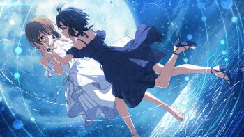 2girls antenna_hair blue_dress brown_eyes brown_hair cloud dress game_cg hagiwara_yukiho hand_on_another&#039;s_face high_heels idolmaster idolmaster_million_live! idolmaster_million_live!_theater_days kikuchi_makoto moon multiple_girls official_art profile shoe_soles sky star_(sky) starry_sky toes water white_dress