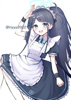 1girl :d adversarial_noise apron aqua_eyes aqua_halo aqua_ribbon aris_(blue_archive) aris_(maid)_(blue_archive) arm_at_side arm_up black_dress black_hair black_wrist_cuffs blue_archive blush collared_dress commentary_request contrast_collar dress feet_out_of_frame frilled_apron frilled_dress frills halo long_hair long_sidelocks maid maid_apron maid_headdress neck_ribbon number_print official_alternate_costume official_alternate_hairstyle open_mouth pantyhose parted_bangs partial_commentary ponytail puffy_short_sleeves puffy_sleeves rectangular_halo ribbon rise_(riyyy202212) salute short_sleeves sidelocks simple_background smile solo twitter_username white_apron white_background white_headdress white_pantyhose wrist_cuffs