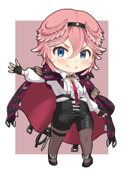 >:) 1girl arm_up ascot black_gloves black_hairband black_pantyhose black_shoes black_shorts blush brown_background chibi chibi_only closed_mouth coat coat_on_shoulders commentary_request cropped_shirt double-parted_bangs dress_shirt feather-trimmed_coat fingerless_gloves full_body gloves hair_between_eyes hairband haniwa_(leaf_garden) head_wings high-waist_shorts highres hololive leather_shorts long_sleeves necktie pantyhose parted_hair pink_hair pink_wings red_coat red_necktie shirt shoes short_hair shorts sleeve_garter smile solo strappy_heels takane_lui takane_lui_(1st_costume) thigh_strap underbust v-shaped_eyebrows virtual_youtuber whip white_ascot white_shirt wings