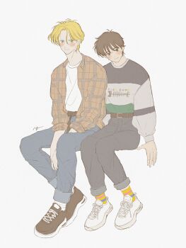 2boys ash_lynx banana_fish black_footwear black_hair black_pants blonde_hair blue_eyes blue_pants blush brown_eyes denim fish_skeleton flannel full_body hair_between_eyes highres jeans light_smile looking_at_viewer male_focus multiple_boys okumura_eiji pants pants_rolled_up parted_lips plaid_clothes plaid_shirt print_sweater shirt shoes signature sitting sneakers socks striped_clothes striped_socks sweater white_background white_footwear white_shirt yu_ru_lull