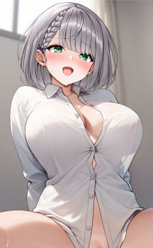 1girl absurdres ai-assisted blush braid breasts button_gap collarbone collared_shirt green_eyes grey_hair hair_ornament hairclip highres hololive large_breasts long_sleeves medium_hair naked_shirt open_mouth otokucha see-through_silhouette shirogane_noel shirt smile solo spread_legs sweat teeth thighs upper_teeth_only virtual_youtuber white_shirt